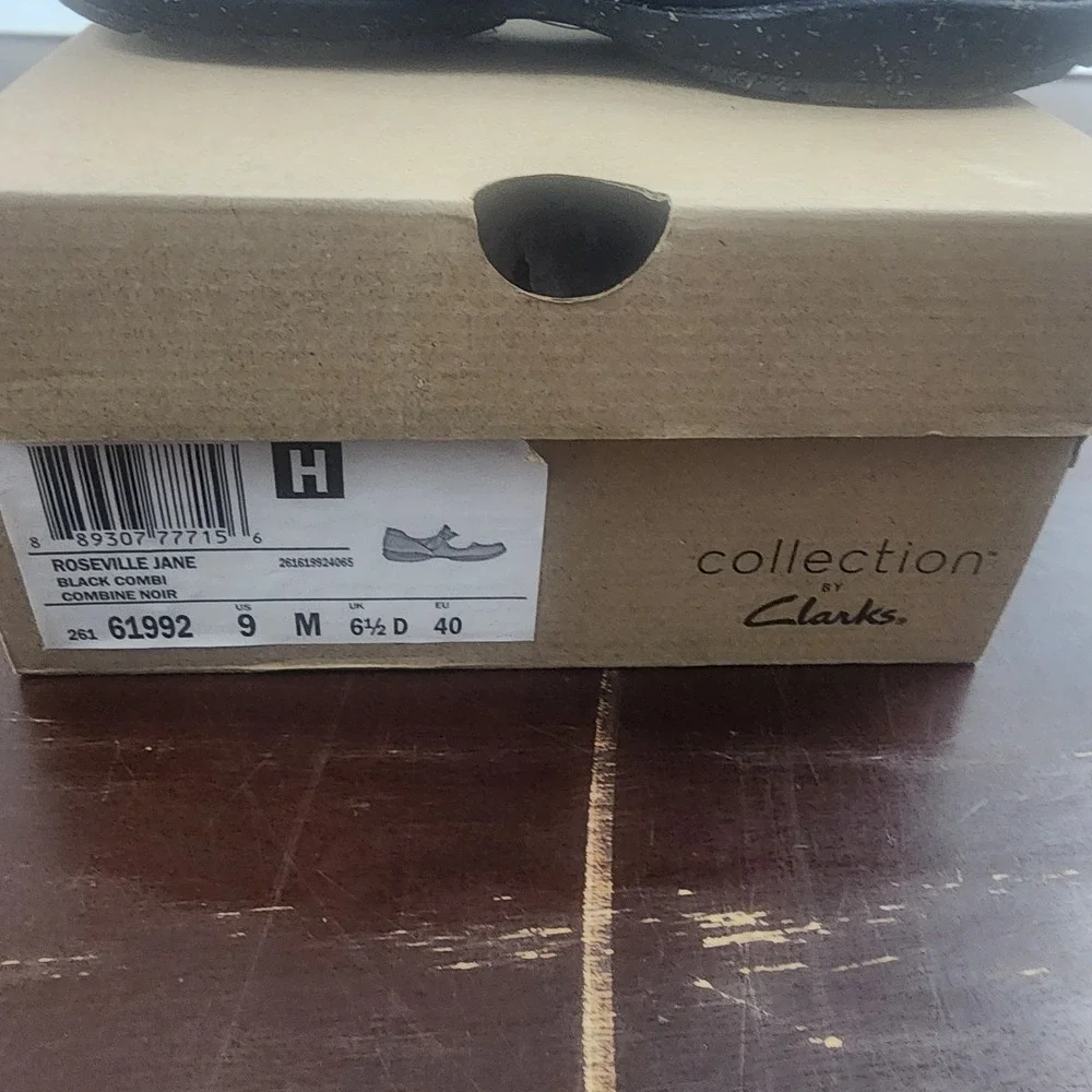 Clarks Roseville Jane‎ Black Combi Leather Mary Jane Flats Women's Size 9M